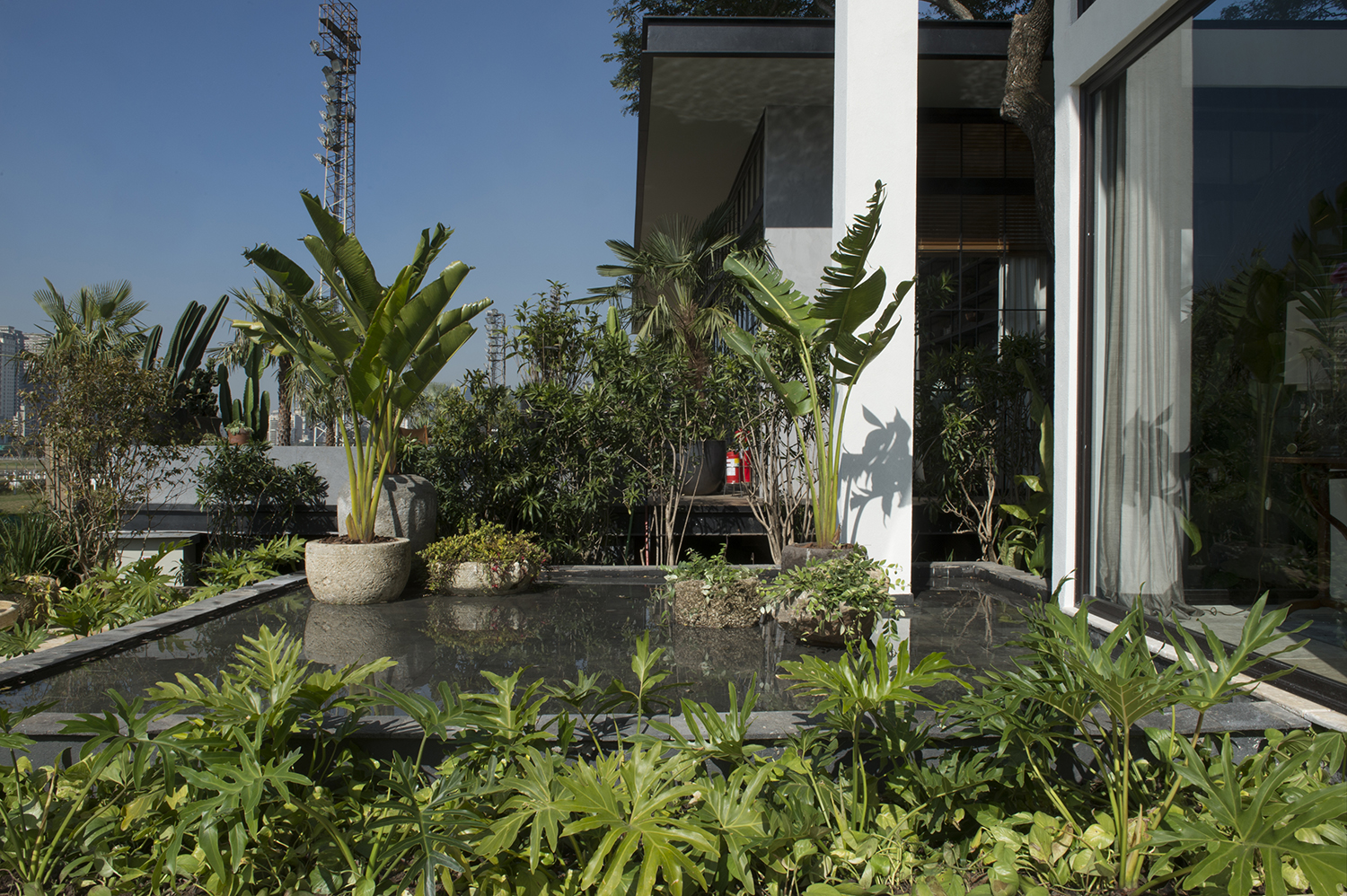 Jardim da Casa - Bia Abreu. Filodendros, samambaias e bananeiras compõem um jardim tropical e não tão certinho, que reúne vasos de pedra em uma varanda externa com banco. Um jardim vertical que reflete no espelho d´água durante a noite, completa a proposta.