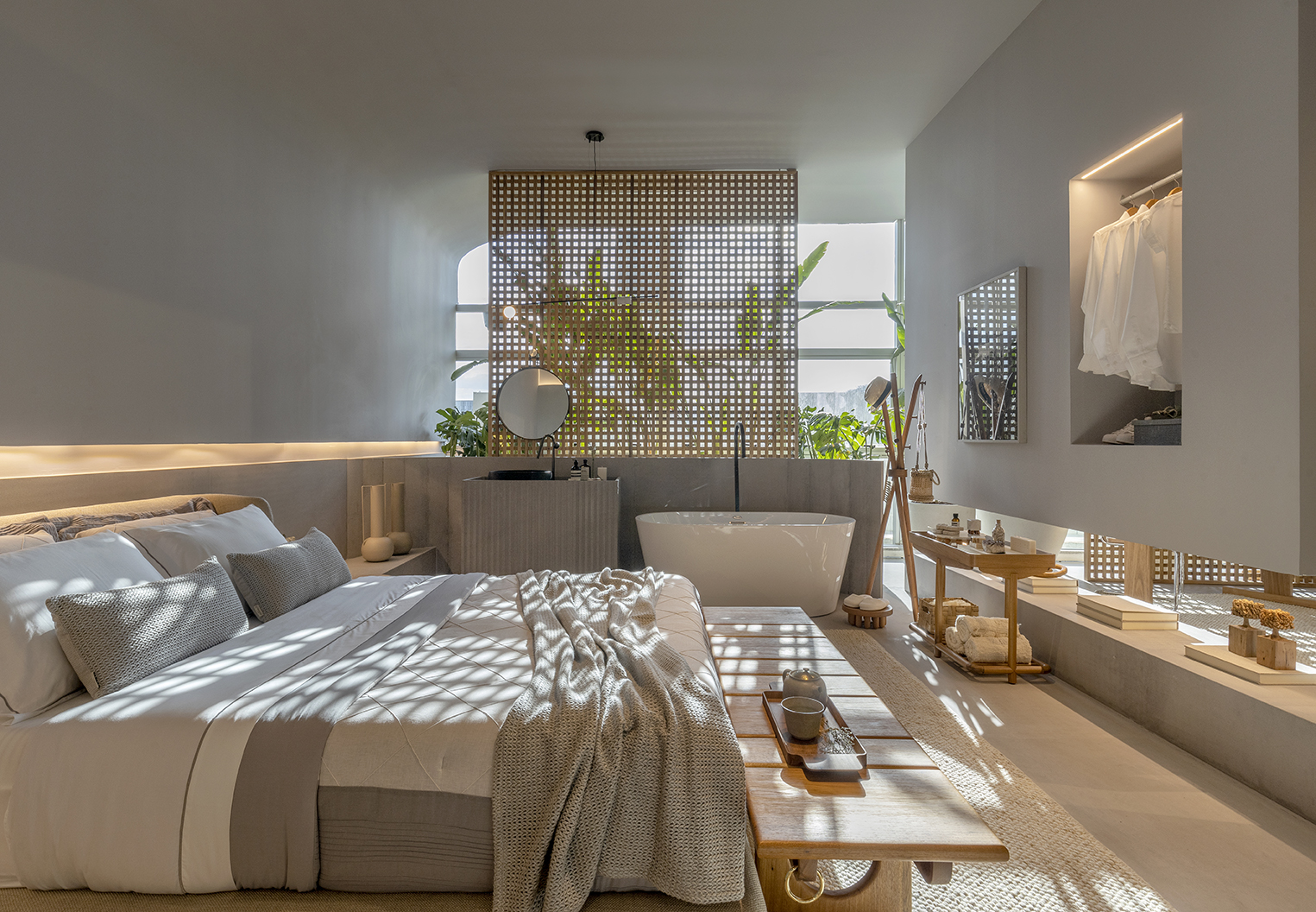 Studio Arch+ Casa Etérea CASACOR Brasília 2022 cama banheiro quarto madeira